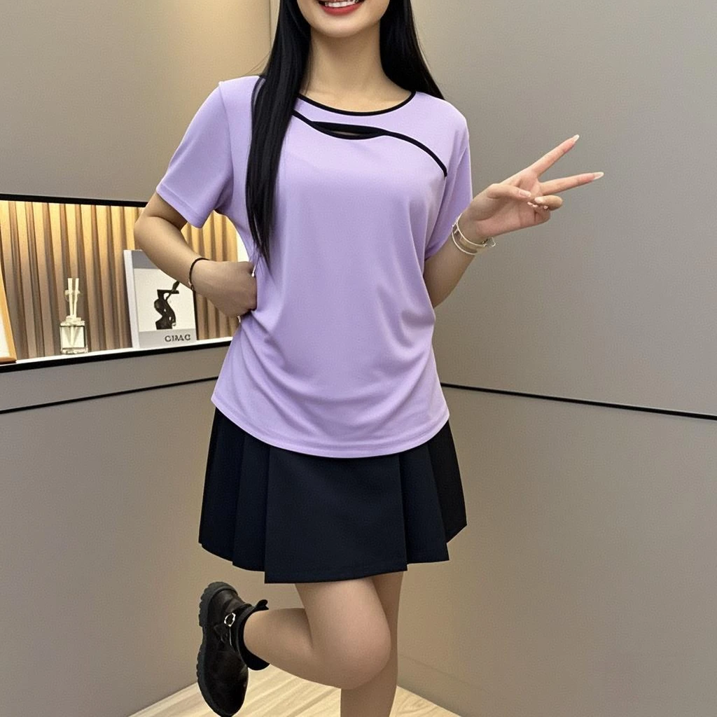胖MM卿尧D25028高级感正肩短袖T恤夏季短款修身收腰显瘦上衣