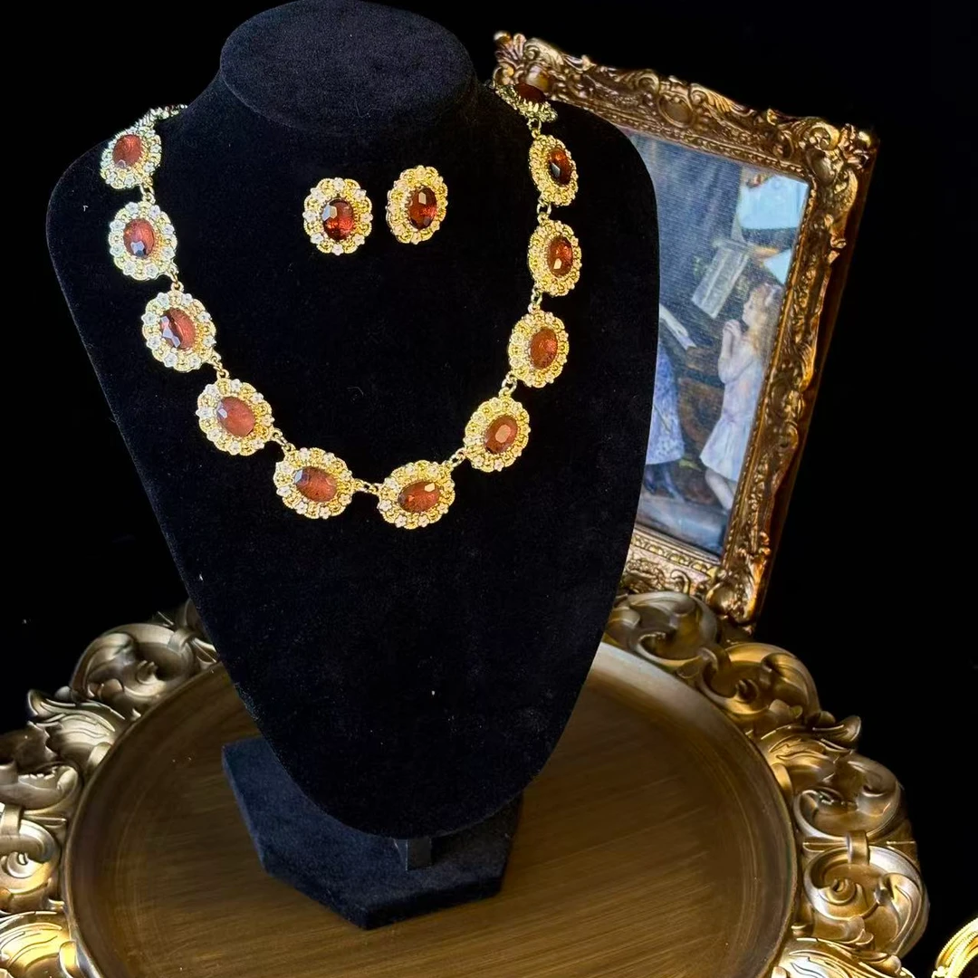 925银树脂耳饰 中古轻奢项链宫廷风重工镶钻水复古耳饰