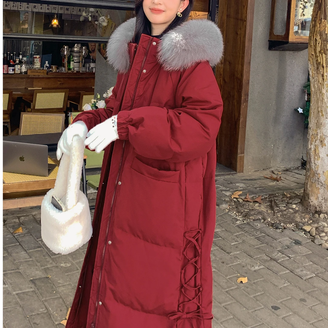 纪诗哲红色大毛领羽绒服女2025年冬季新款长款过膝高级感加厚外套
