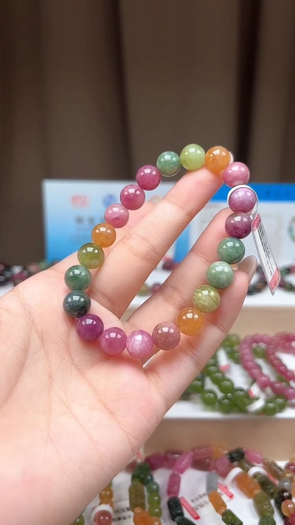 未镶嵌手串碧玺9.4mm艳丽彩虹色高阶油画体碧玺单圈手串