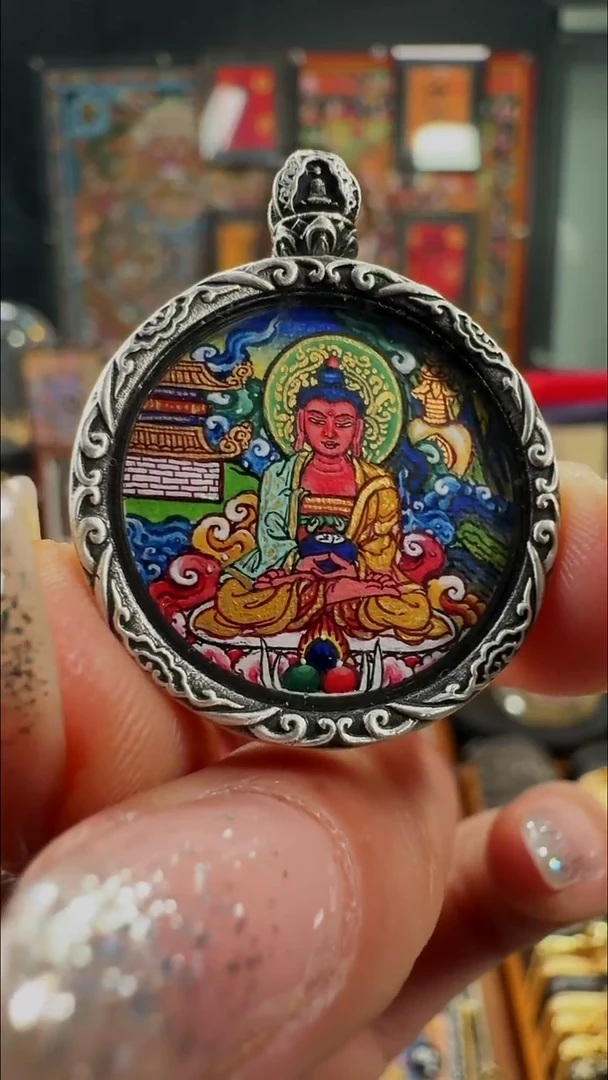 吊坠壹善缘城手绘唐卡阿弥2.0双面银壳