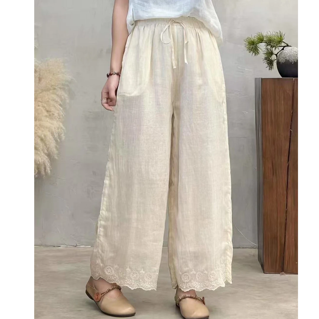 夏季双层文艺阔腿裤遮胯显瘦松紧腰休闲苎麻九分裤女