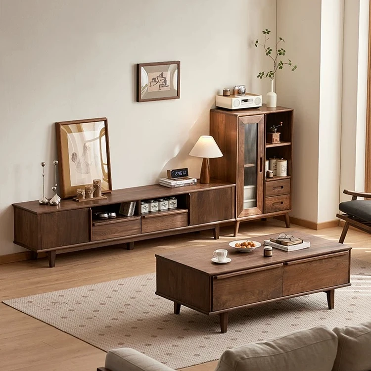 澜庭阁北美黑胡桃木电视柜茶几组合北欧简约实木客厅储物柜收纳柜