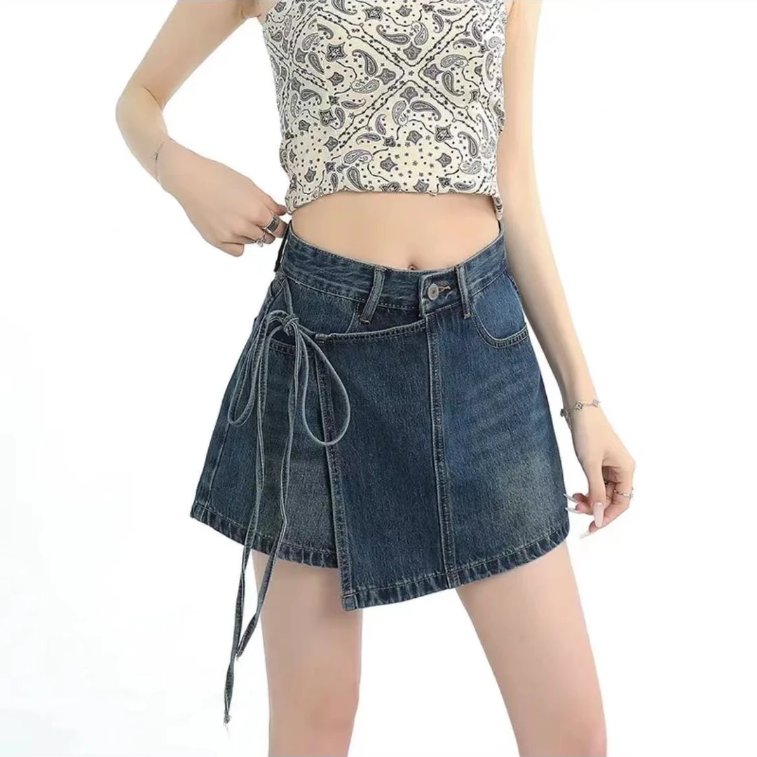复古蓝牛仔短裙女小个子2025夏新款高腰显瘦a字不规则绑带裙裤