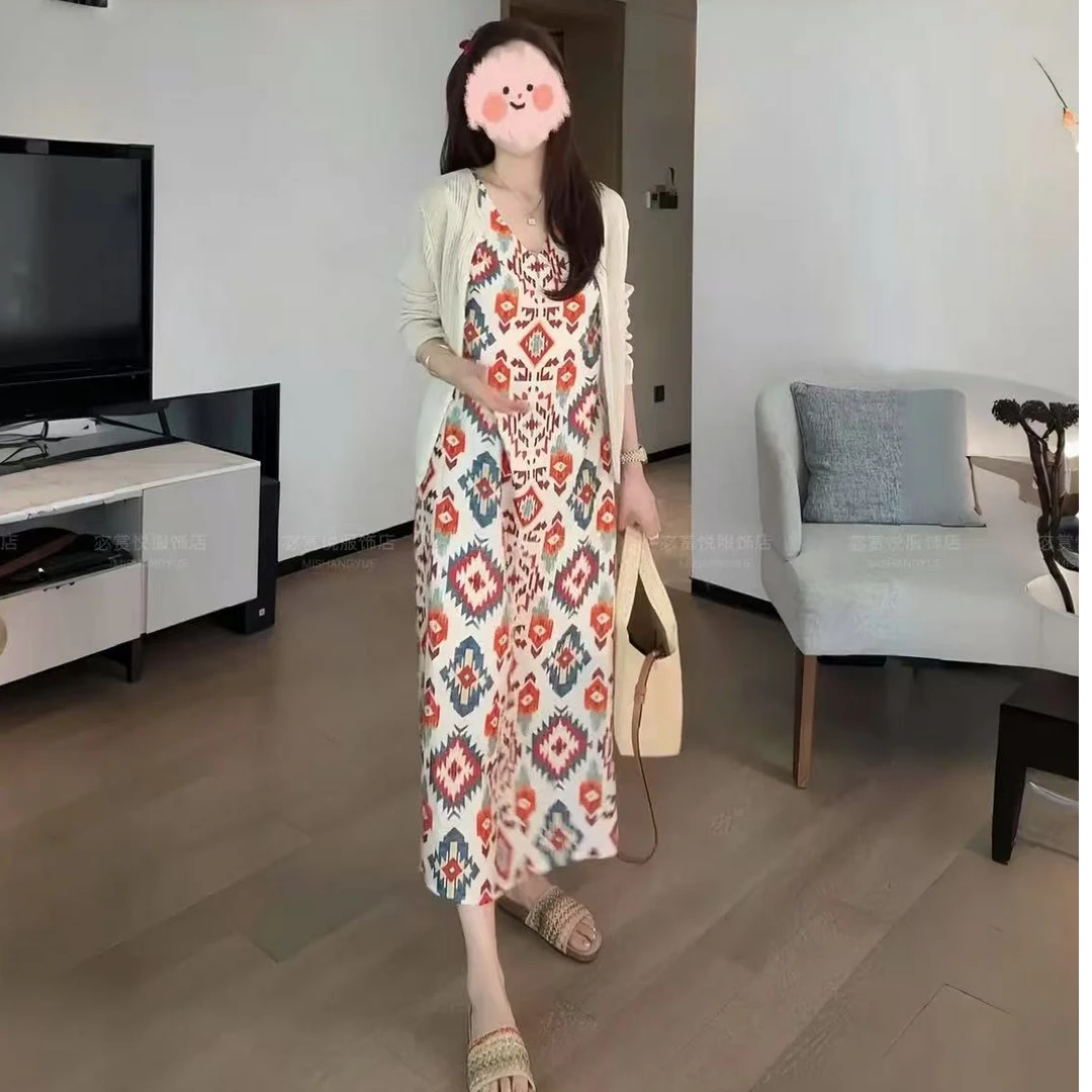 2025夏季时尚镂空防晒长袖针织开衫显瘦百搭无袖连衣裙气质套装女