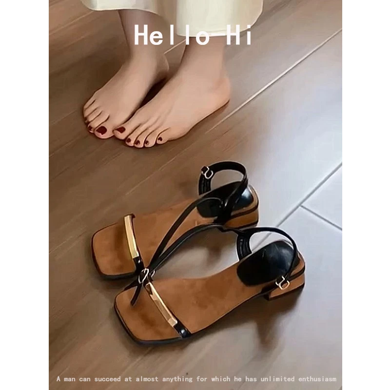 法式绝美凉鞋女夏季新款日常外穿低跟一字扣带粗跟方头露趾罗马鞋
