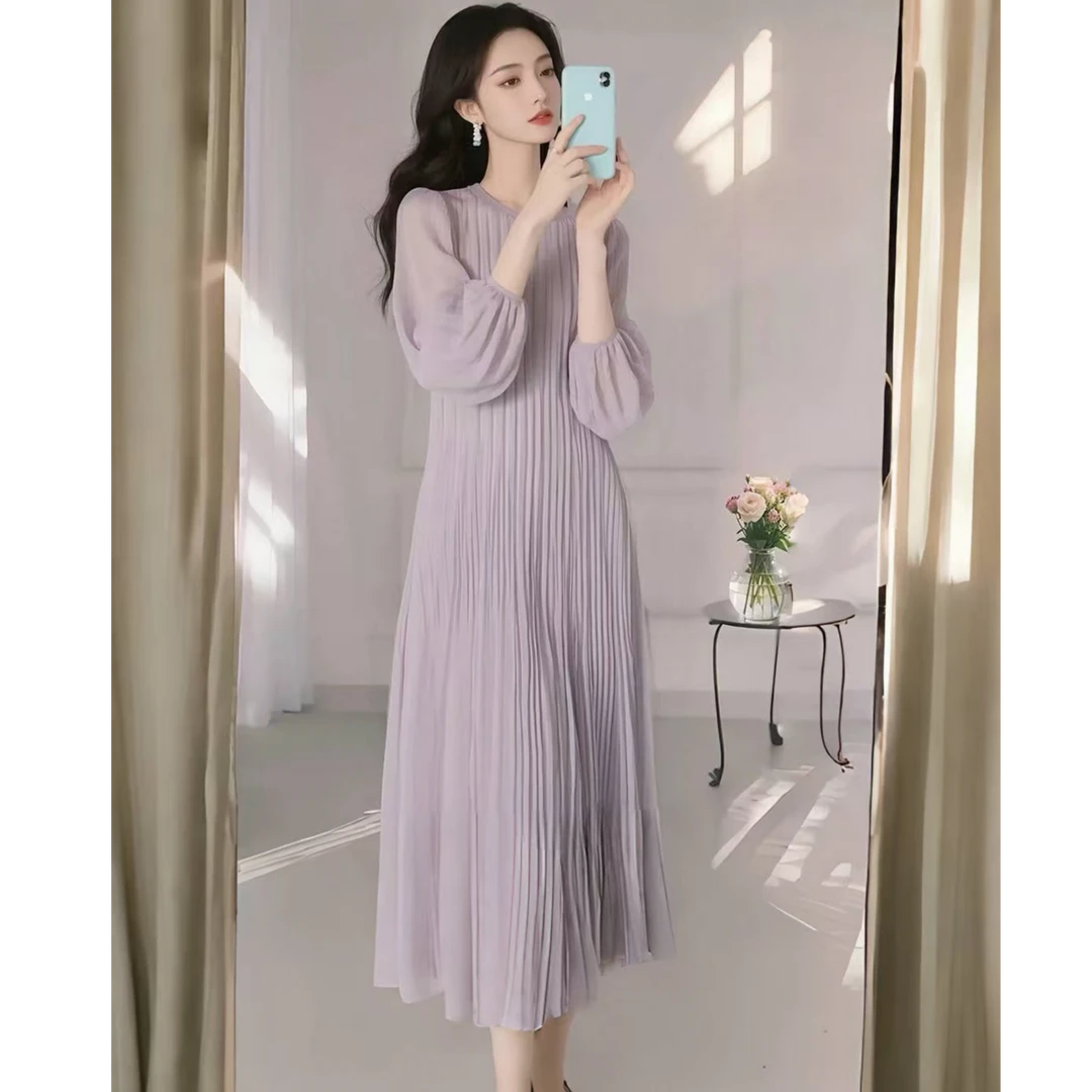 商场撤柜2025春季慵懒风简约时尚绝美压褶长袖紫色连衣裙女款