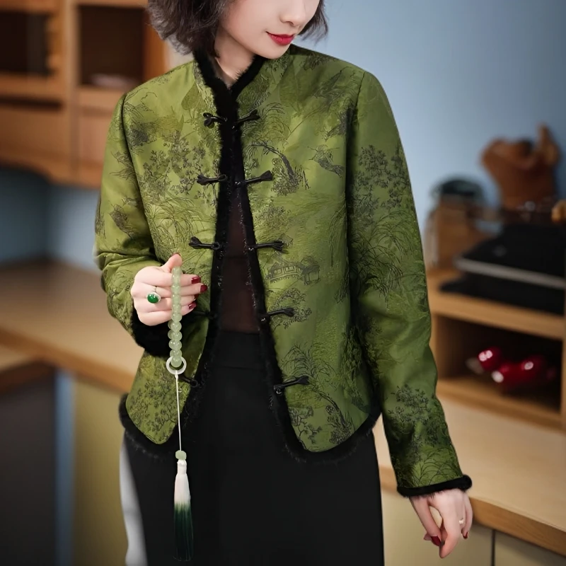 新中式加棉绿色提花女士短外套国风秋季复古气质百搭上衣2675
