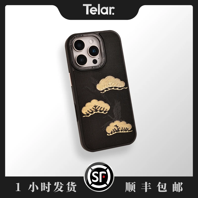 TELAR/皆布【墨松】手工新中式刺绣国风宋锦布手机壳软无线黑色