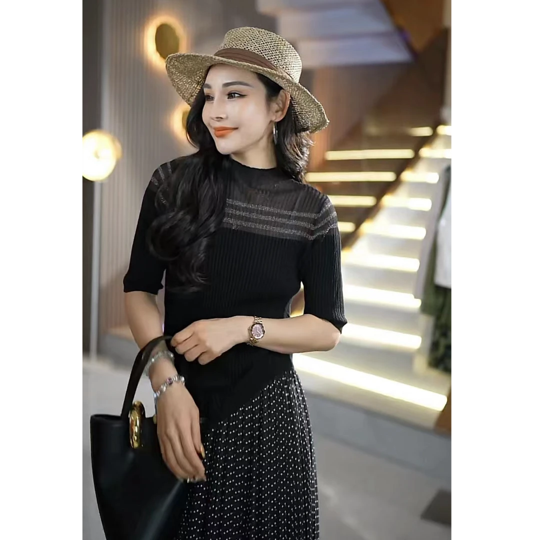 时尚简约大方气质百搭镂空半透条纹修身中袖女士针织衫6W+300558y