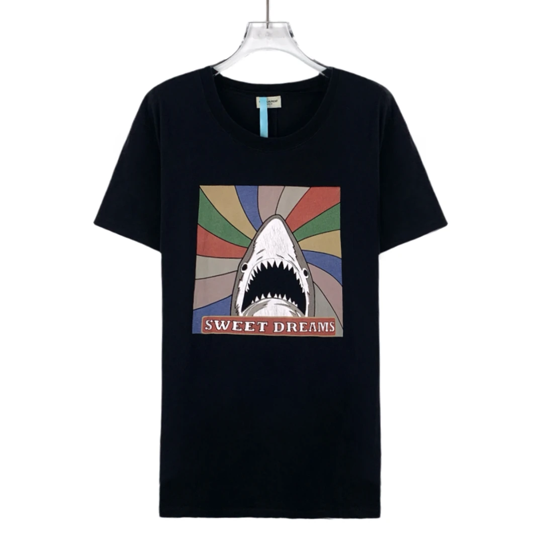 95新 YSL/圣罗兰 HW0292 黑色鲨鱼印花棉质圆领短袖T恤 L码