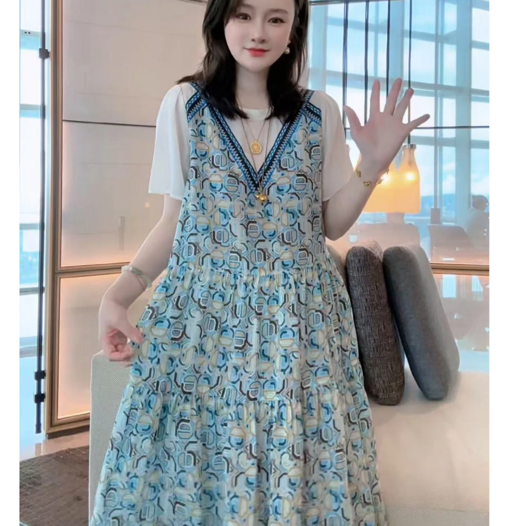 【丝芙玉禄】(S315)100真丝印花蓝色气质时尚桑蚕丝女装连衣裙