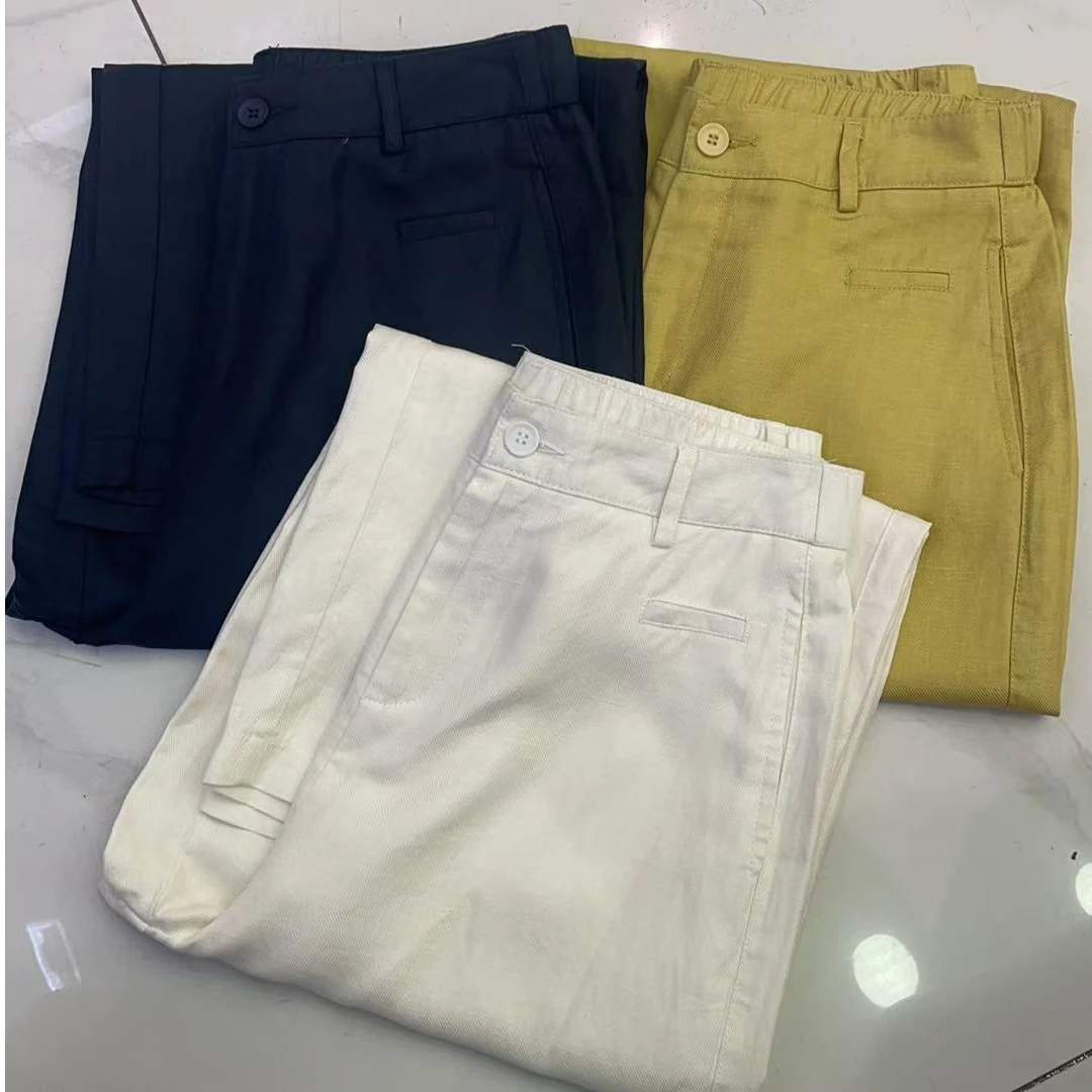 25062高腰轻职风夏季刺绣休闲裤百搭直筒九分裤