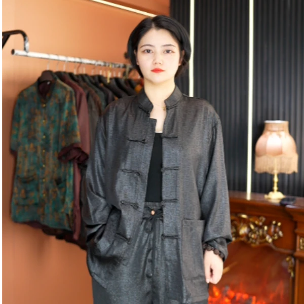 秋季长袖新款油皮老料香云纱男装植物染色桑蚕丝中国风唐装男装