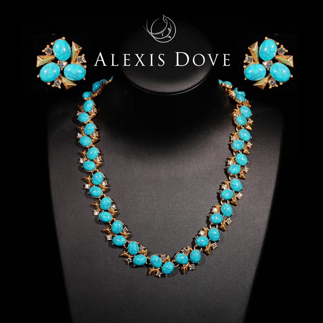 铜合金合成锆石项链 复古重工优雅蓝色烟花套装【乐亿】