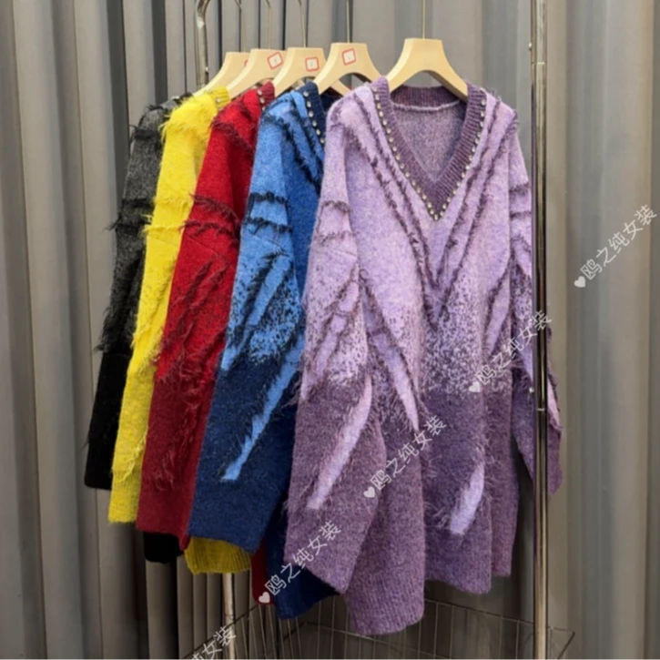 秋冬新款中长款拼色针织慵懒风套头V领流苏毛衣设计师时尚3061#
