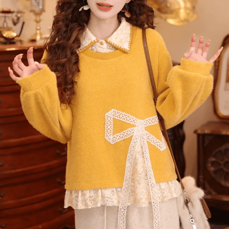 蕾丝蝴蝶结假两件翻领卫衣女秋冬宽松设计感花边拼接厚款长袖上衣