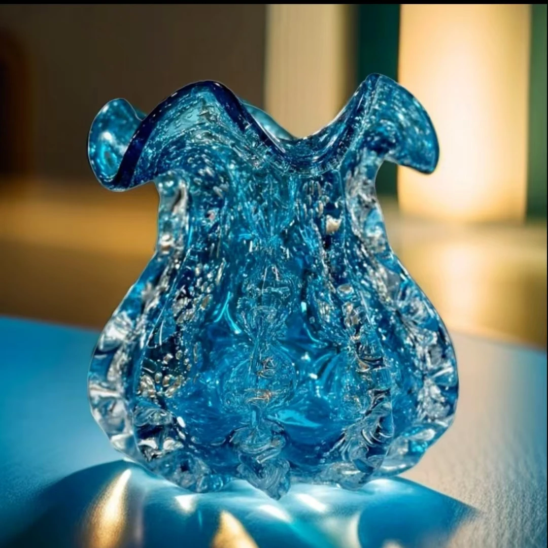 蓝色琉璃钱袋芬顿ins风法式花瓶手工琉璃玻璃家插花器软装摆件