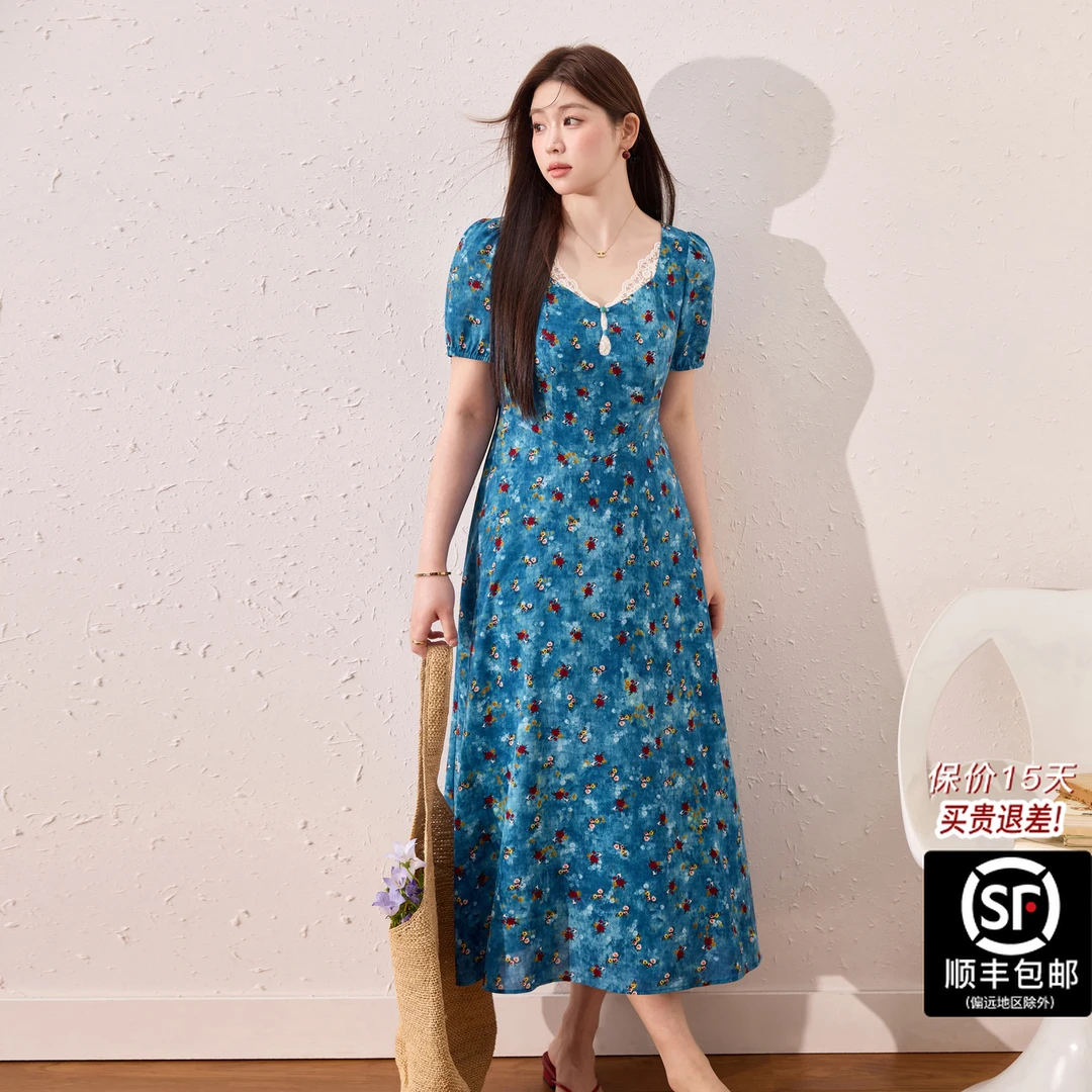 蓝语大码女装【蓝野花踪】海边度假风连衣裙掐腰巨显瘦碎花裙12070
