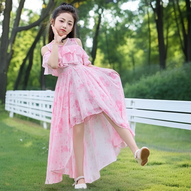 独特洋气时髦女童装夏季碎花露肩雪纺连衣裙沙滩裙子儿童公主裙