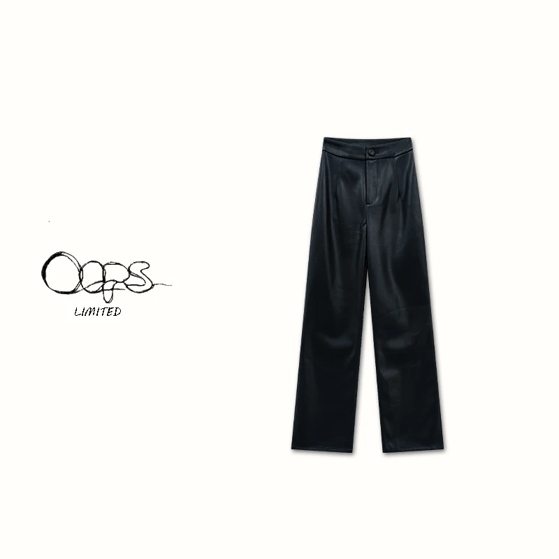 Oops【筷子腿】 早春高腰九分pu皮直筒皮裤窄版显瘦百搭气质女神