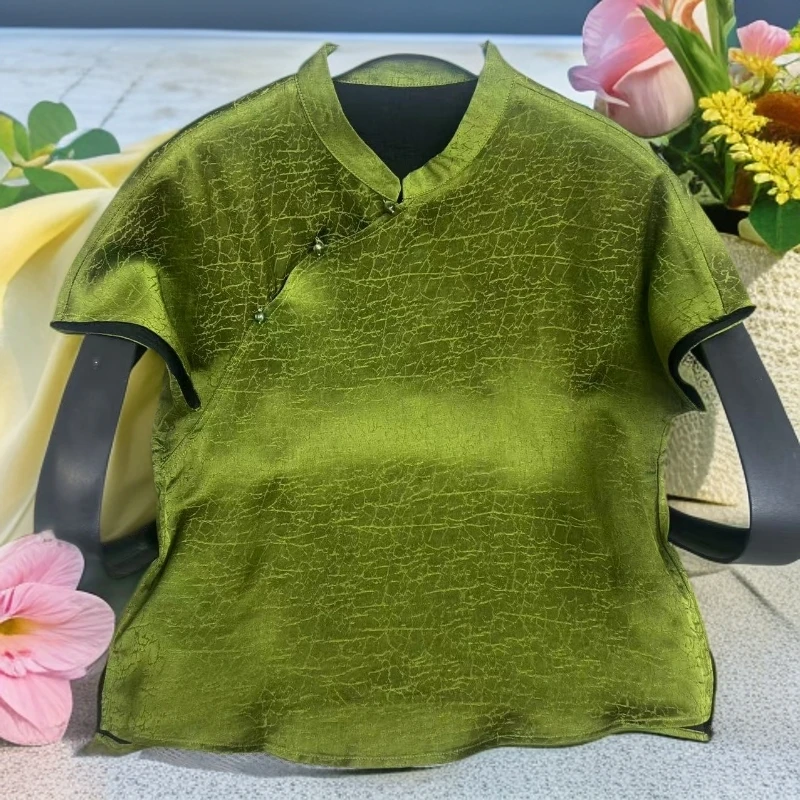 658【香云龟裂纹】国风香云老料夏季女式立领短袖小衫