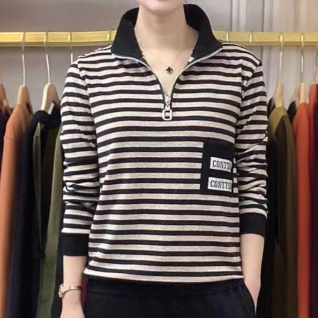 2025秋季女士休闲百搭立领条纹长袖宽松上衣