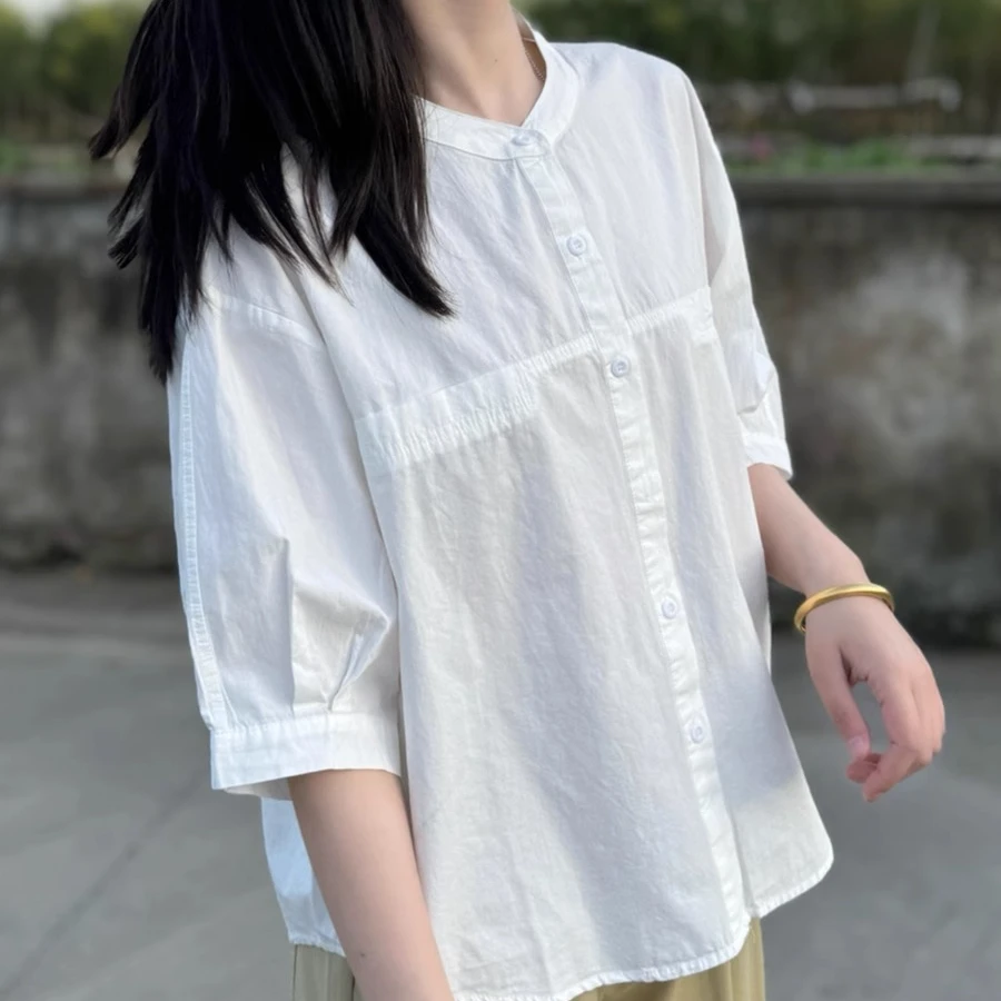 1117纯棉日系衬衫女夏新款五分袖圆领宽松百搭设计感短款半袖衬衣