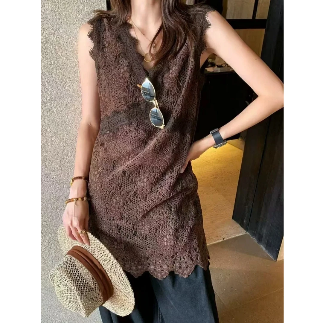 【蔓蔓家】蕾丝拼接镂空无袖背心连衣裙叠穿女上衣2025早秋新款打底