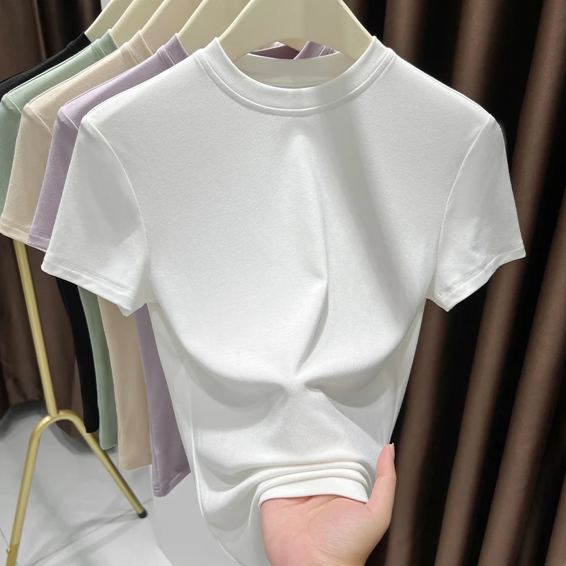 薄款内搭小圆领修身短袖打底衫T恤2025夏季爆款极简风百搭上衣女
