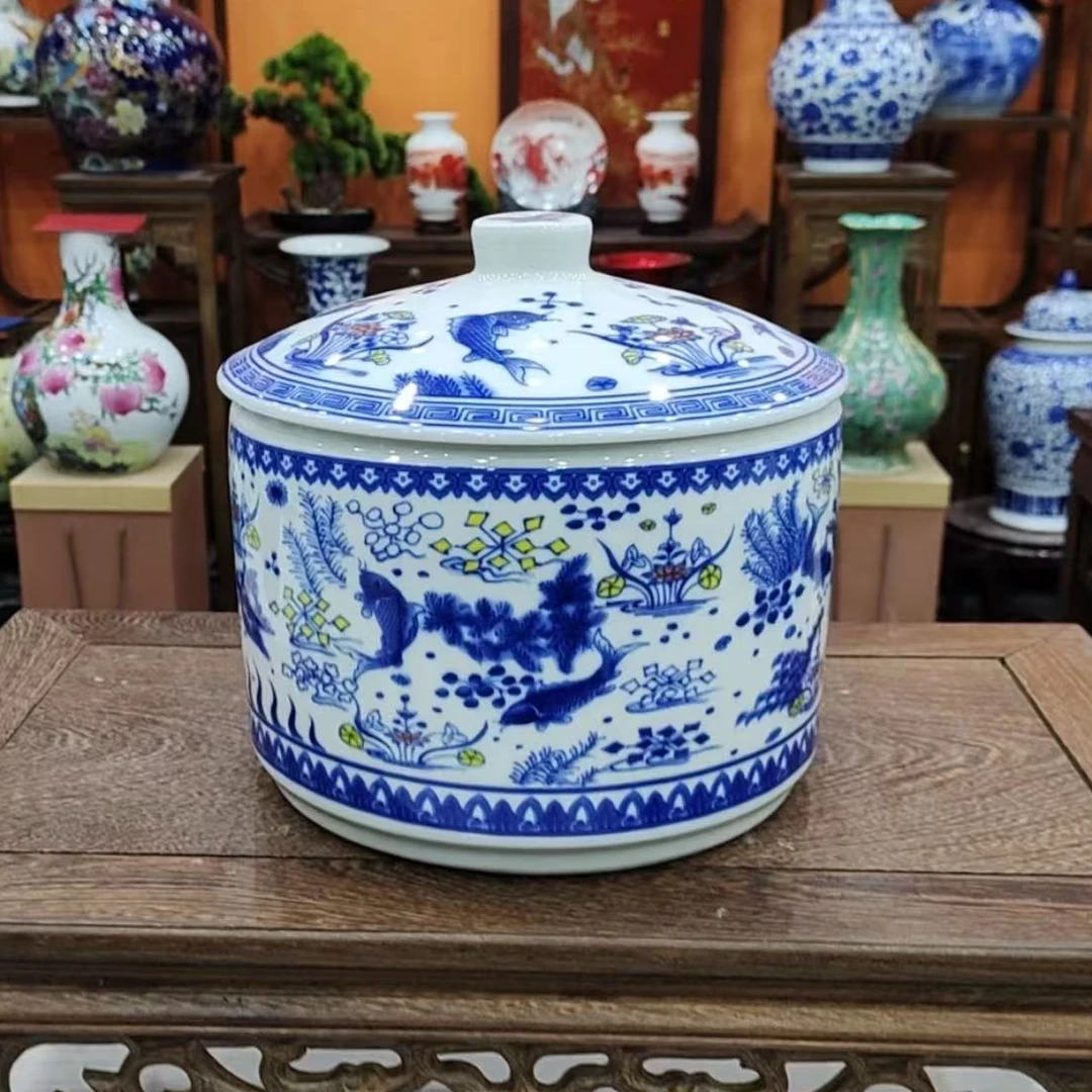 【王家陶瓷】青花鱼草储物罐XD+底座