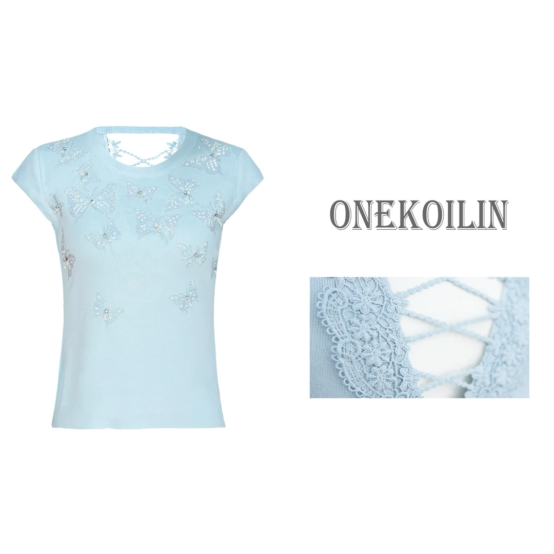 OneKoilin“蝶梦霓裳”定制烫钻蕾丝复合T MDNS