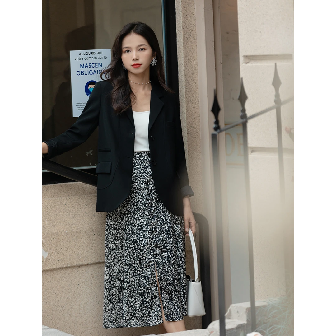 0378柒量一裁小个子韩系碎花鱼尾裙·垂坠飘逸黑色碎花长款半身裙