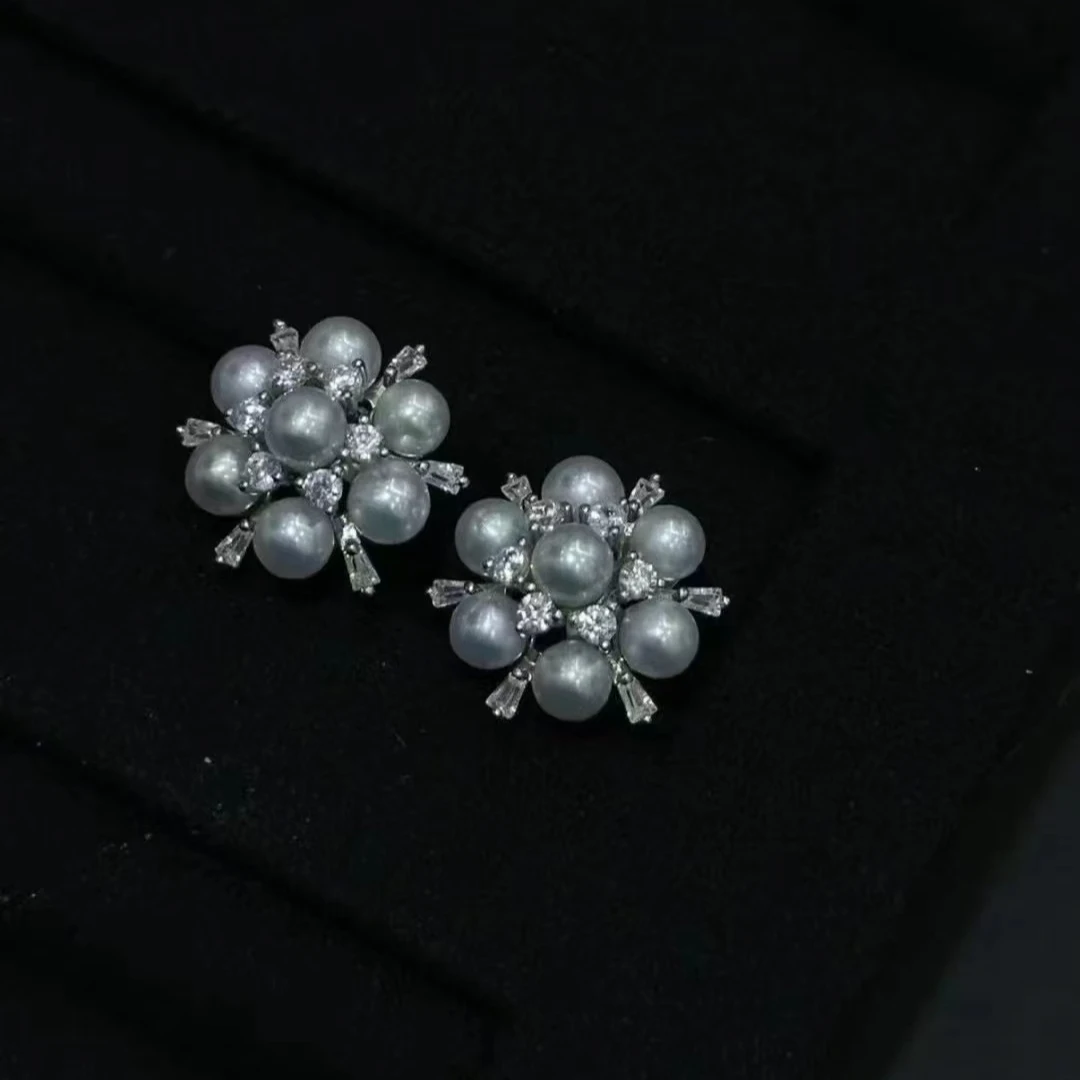 小雪花耳钉淡水珍珠S925银正圆强光天然珍珠耳环气质精致AB328