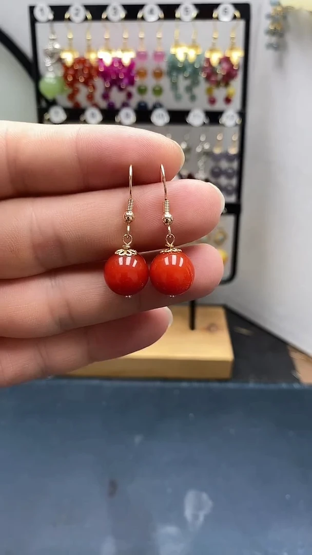 银S925镀金镶嵌南红玛瑙耳饰尺寸12mmC3