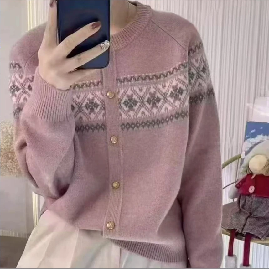 【高定-粉色开衫】春秋新款提花减龄显瘦百搭外搭针织开衫女 9880