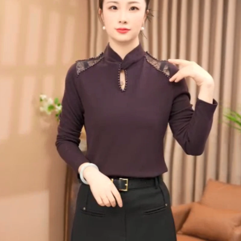 新品加厚设计感显瘦修身网红钉珠交叉领百搭女士长袖上衣T026