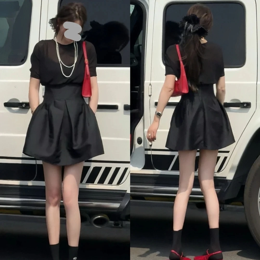 夏季新款法式感黑色短袖修身显瘦气质连衣裙1416