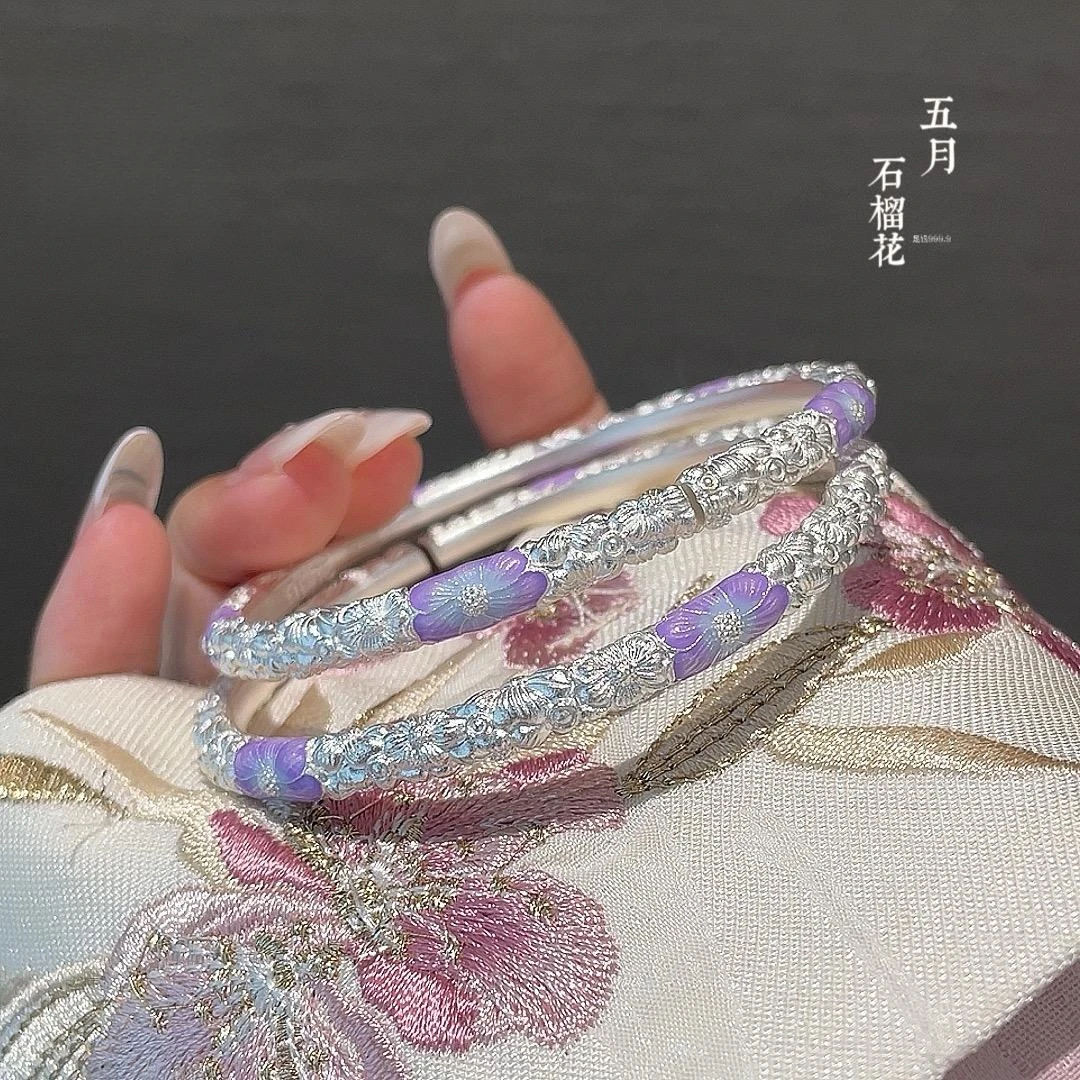 足银手镯 银9999珐琅五月石榴花开口手镯高级感时尚百搭轻奢
