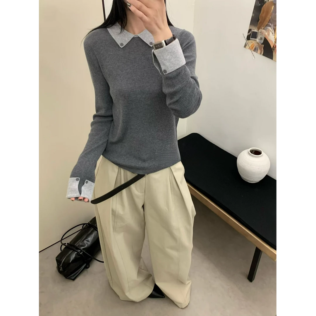 新款撞色翻领拼接高级感洋气百搭减龄套头毛衣针织衫上衣G9-51