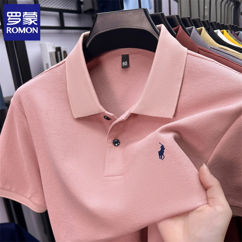 Romon/罗蒙上衣夏季休闲时尚刺绣小马标男款短袖纯色polo衫翻领