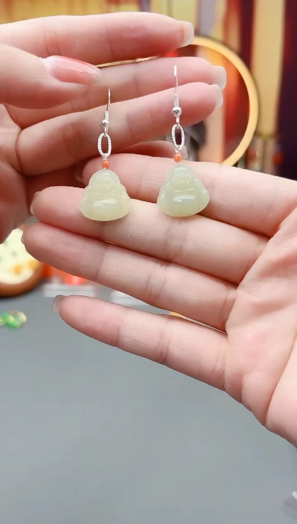 银S925镶嵌耳饰玛瑙/玉髓和田玉佛公