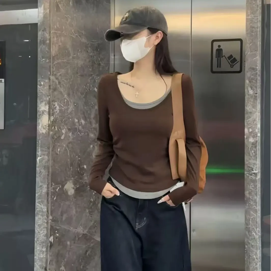 2025新款秋季撞色假两件长袖圆领T恤设计感百搭打底衫女上衣