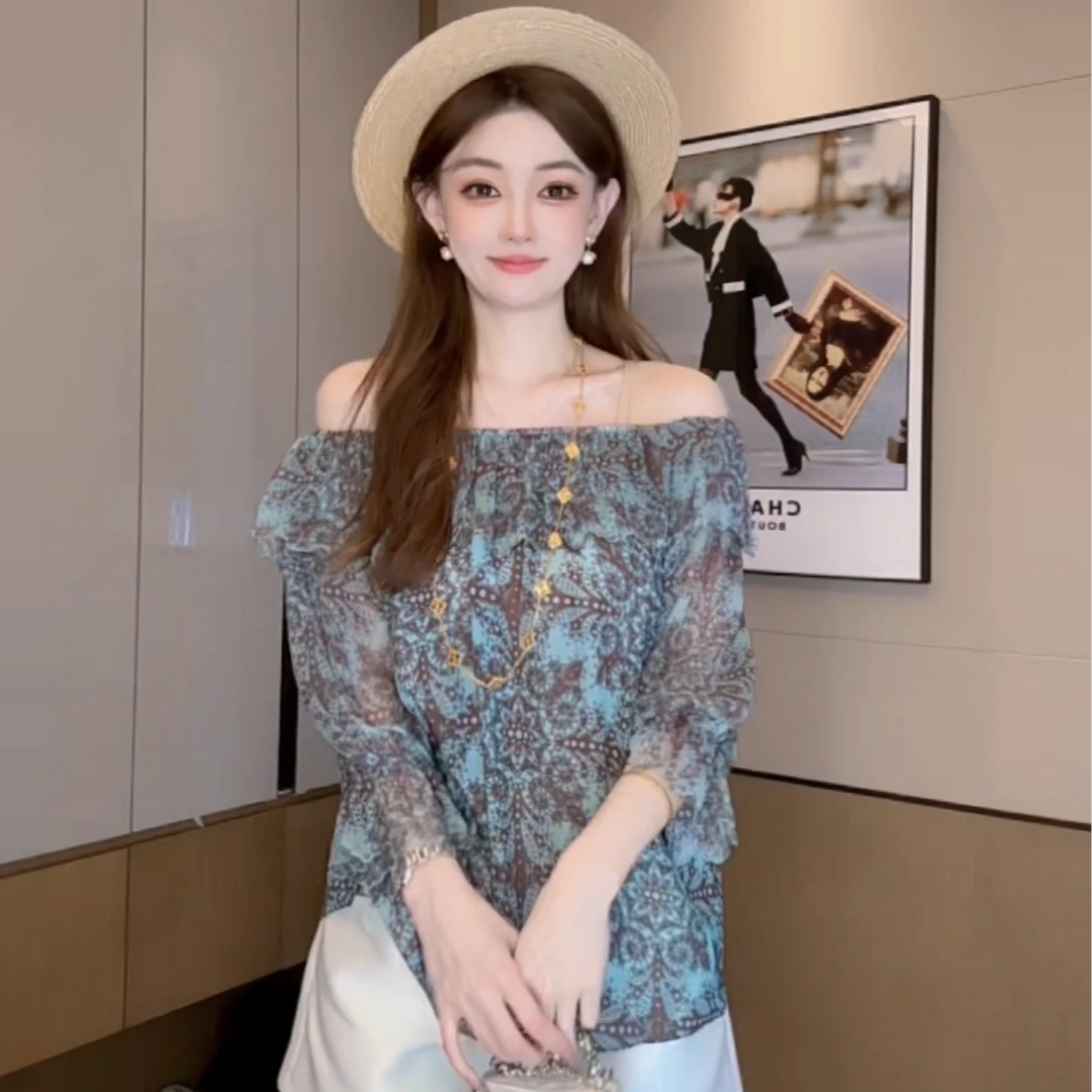 【丝芙玉禄】【F899】真丝双绉桑蚕丝印花洋气一字肩时尚夏季气质上衣