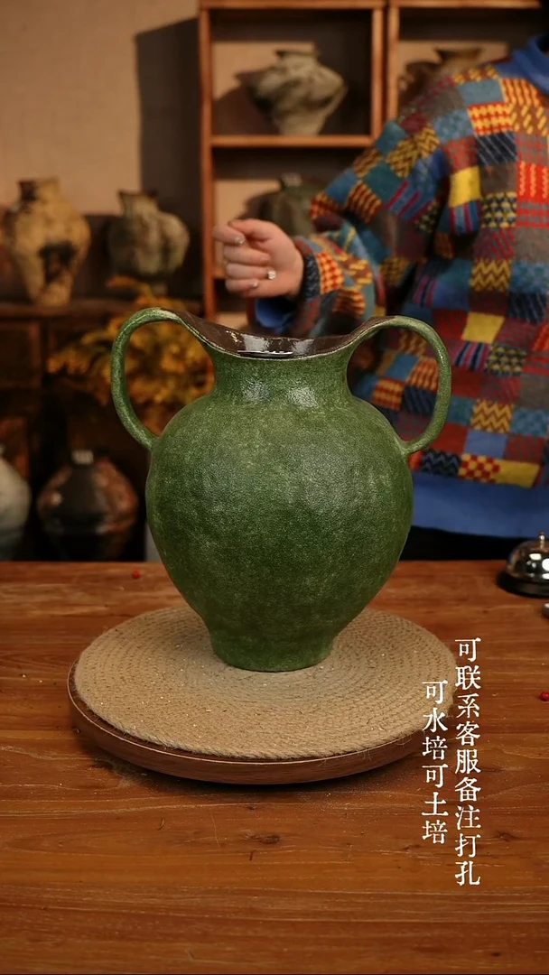 陶瓷291绿色双耳大肚瓶可水培可土培