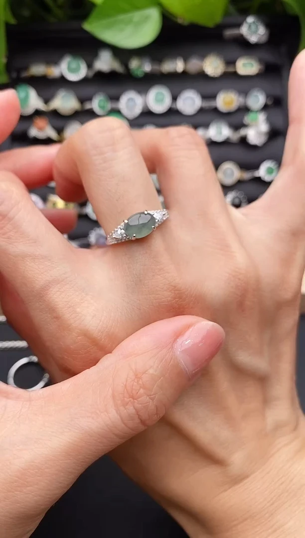 【闪购商品】翡翠戒指银S925镶嵌缅甸天然A货翡翠111 3-6