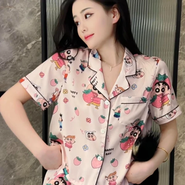 (草莓小新三件套)夏季气质可爱休闲瘦睡衣女短袖家居服套装可外穿