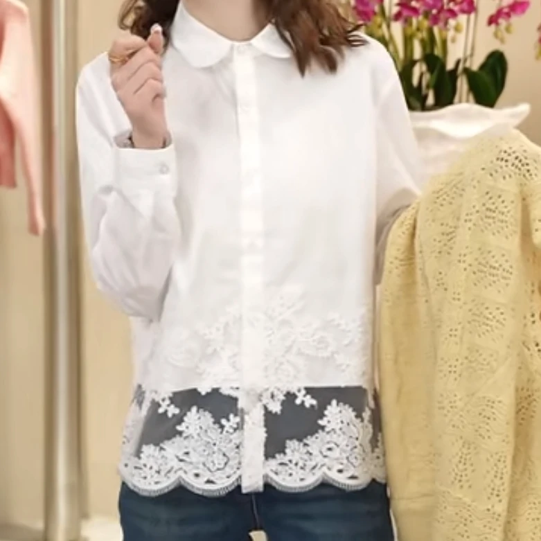 设计感小桃心领下摆镂空拼接蕾丝勾花工艺衬衫女2025春款白衬衣