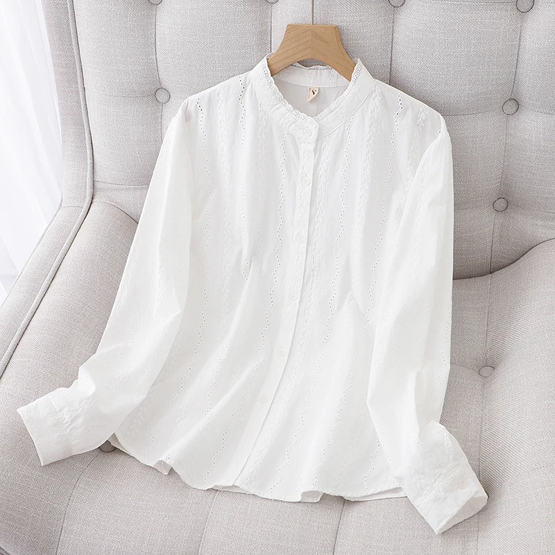 纯色衬衫女镂空设计立领衬衫纯白气质法国风
