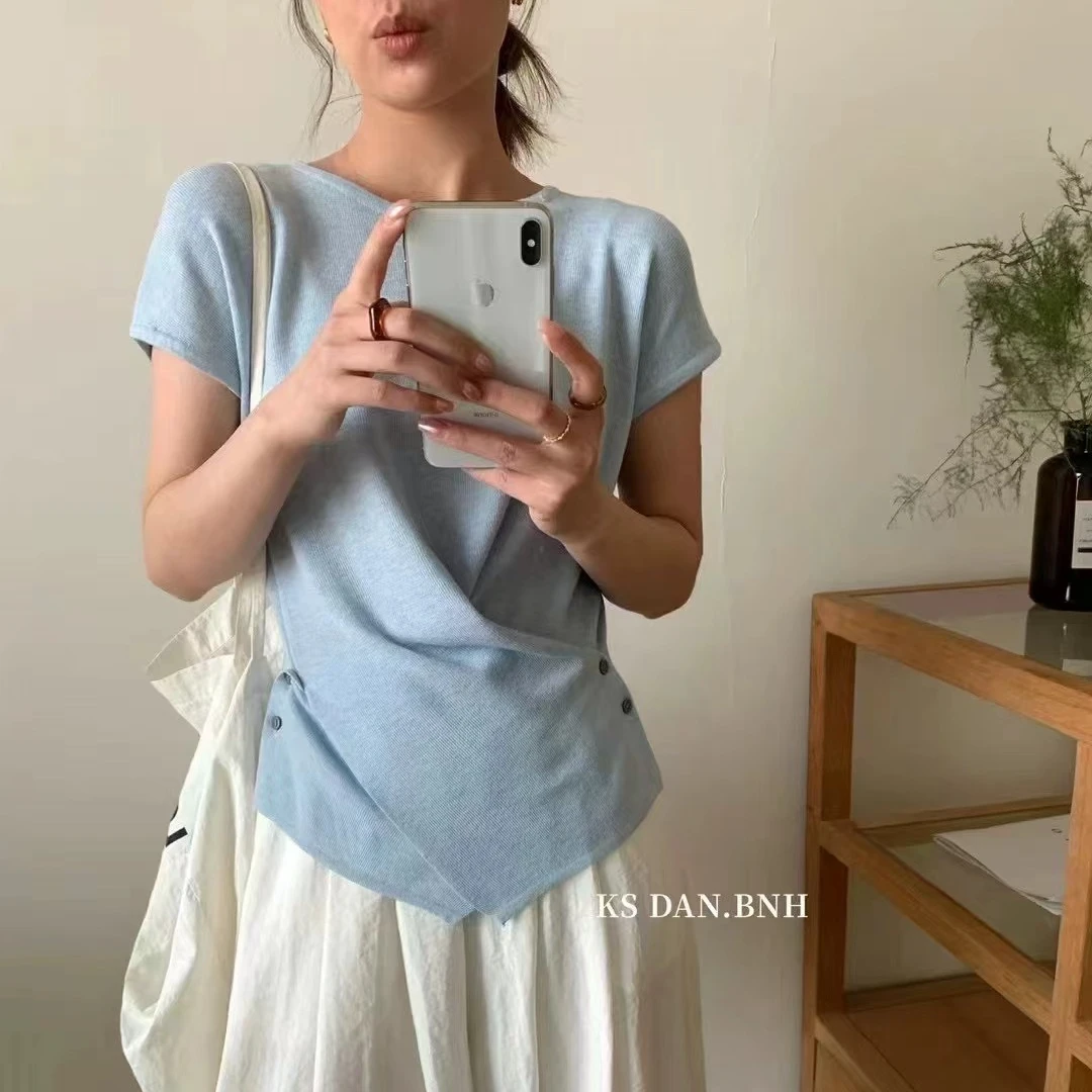 2025夏季新款圆领下摆交叉修身显瘦辣妹小众百搭针织上衣短袖T恤